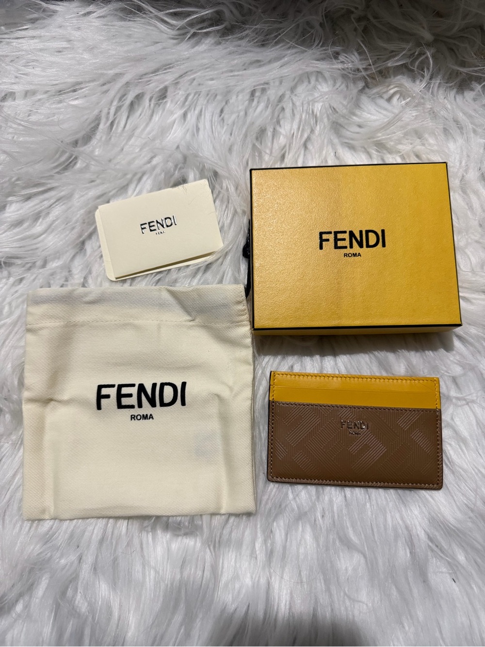 Fendi Brown Leather Card Holder with Yellow Trim